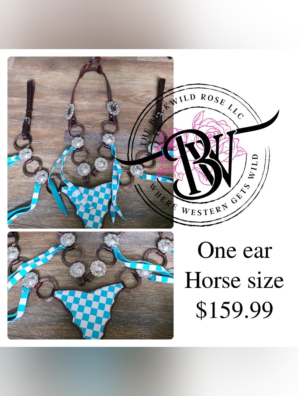 Western Turquoise Checkerboard Leather Horse Hair Browband with Silver Conchos